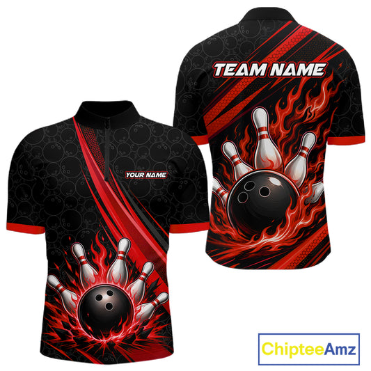 Custom Black And Red Fire Flame Bowling Team Men Quarter Zip Shirt, Team Jerseys IPHW11682