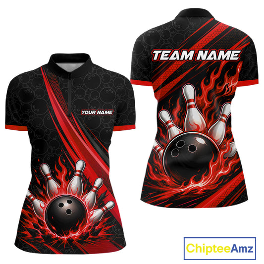 Custom Black And Red Fire Flame Bowling Team Women Quarter-Zip Shirt, Team Jerseys IPHW11682