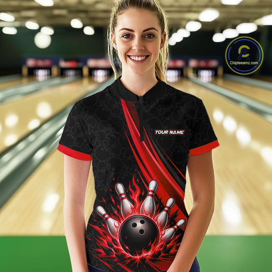 Custom Black And Red Fire Flame Bowling Team Women Quarter-Zip Shirt, Team Jerseys IPHW11682