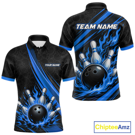 Custom Black And Blue Fire Flame Bowling Team Men Polo Shirt, Team Jerseys IPHW11683