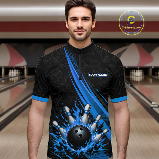 Custom Black And Blue Fire Flame Bowling Team Men Quarter Zip Shirt, Team Jerseys IPHW11683