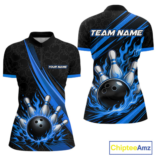Custom Black And Blue Fire Flame Bowling Team Women Quarter-Zip Shirt, Team Jerseys IPHW11683
