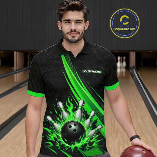 Custom Black And Green Fire Flame Bowling Team Men Polo Shirt, Team Jerseys IPHW11684