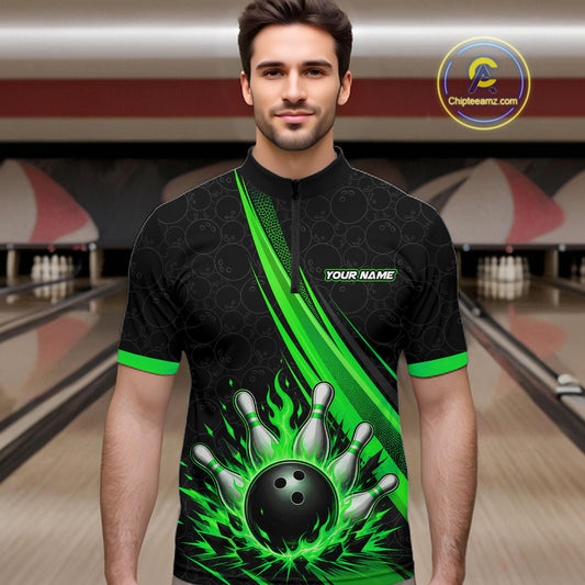 Custom Black And Green Fire Flame Bowling Team Men Quarter Zip Shirt, Team Jerseys IPHW11684