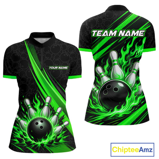 Custom Black And Green Fire Flame Bowling Team Women Quarter-Zip Shirt, Team Jerseys IPHW11684