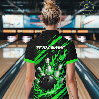 Custom Black And Green Fire Flame Bowling Team Women Quarter-Zip Shirt, Team Jerseys IPHW11684