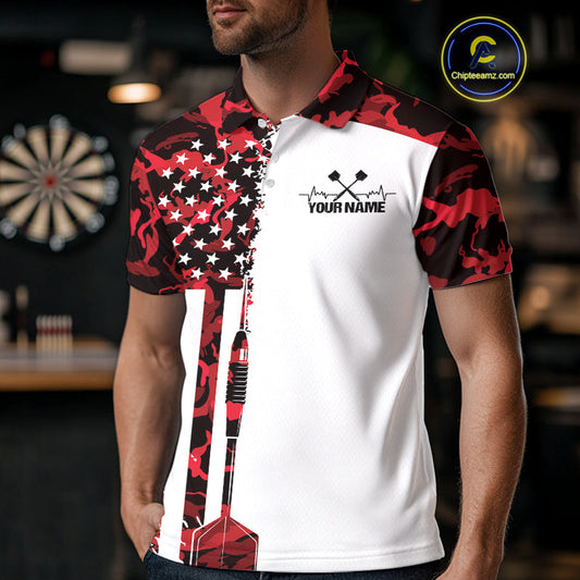 Custom Red Military Camo Patriotic Dart Men Polo Shirts, US Flag Dart Team Shirt IPHW9953