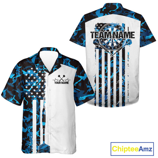 Custom Blue Military Camo Patriotic Dart Men And Women Hawaiian Shirts, US Flag Dart Team Shirt IPHW9954