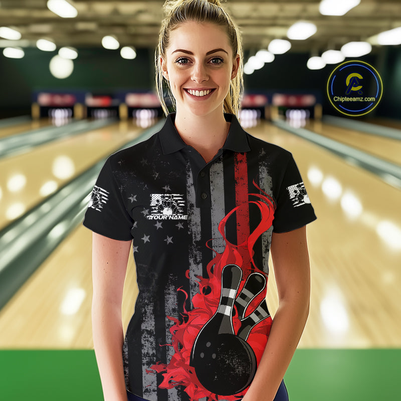 Custom Grunge Vintage Red Thin Line US Flag Patriotic Women Polo Bowling Team Shirts IPHW10169