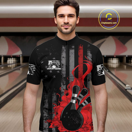 Custom Grunge Vintage Red Thin Line US Flag Patriotic Men Quarter-Zip Bowling Team Shirts IPHW10169