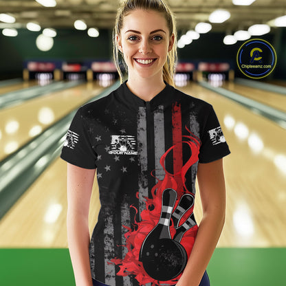Custom Grunge Vintage Red Thin Line US Flag Patriotic Women Bowling Team Shirts IPHW10169