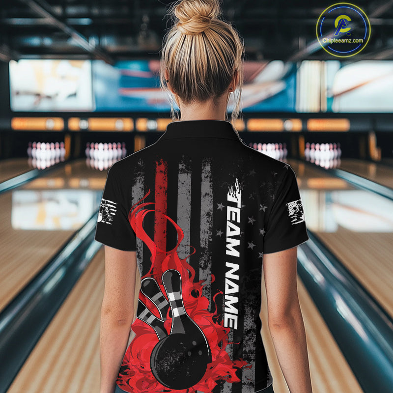 Custom Grunge Vintage Red Thin Line US Flag Patriotic Women Bowling Team Shirts IPHW10169