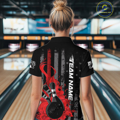 Custom Grunge Vintage Red Thin Line US Flag Patriotic Women Bowling Team Shirts IPHW10169