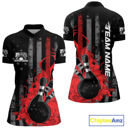 Custom Grunge Vintage Red Thin Line US Flag Patriotic Women Bowling Team Shirts IPHW10169