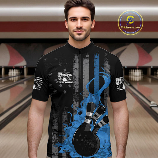 Custom Grunge Vintage Blue Thin Line US Flag Patriotic Men Quarter-Zip Bowling Team Shirts IPHW10170