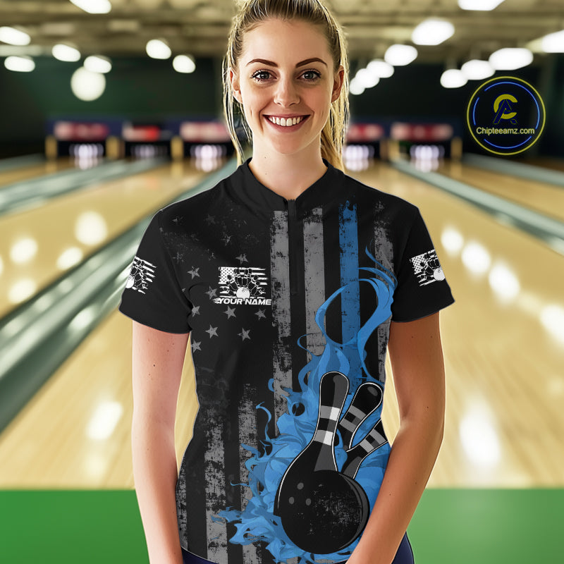 Custom Grunge Vintage Blue Thin Line US Flag Patriotic Women Bowling Team Shirts IPHW10170
