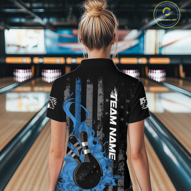 Custom Grunge Vintage Blue Thin Line US Flag Patriotic Women Bowling Team Shirts IPHW10170