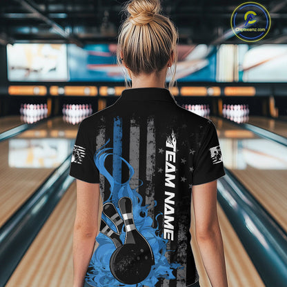 Custom Grunge Vintage Blue Thin Line US Flag Patriotic Women Bowling Team Shirts IPHW10170