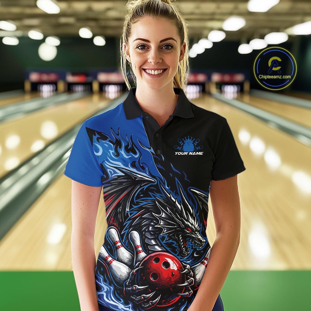 Custom Blue And Red Dragon Bowling Women Polo Team Shirt, Dragon Bowling League Shirts IPHW10368