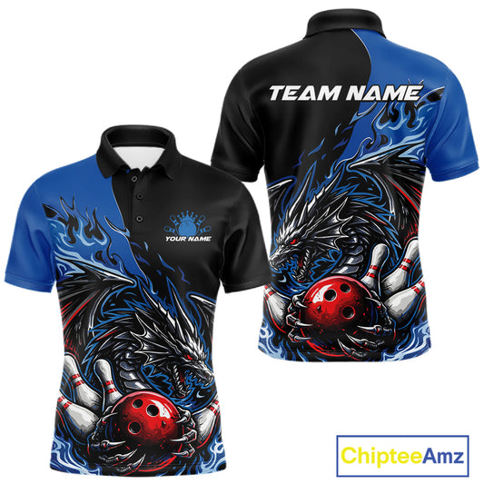 Custom Blue And Red Dragon Bowling Men Polo Team Shirt, Dragon Bowling League Shirts IPHW10368