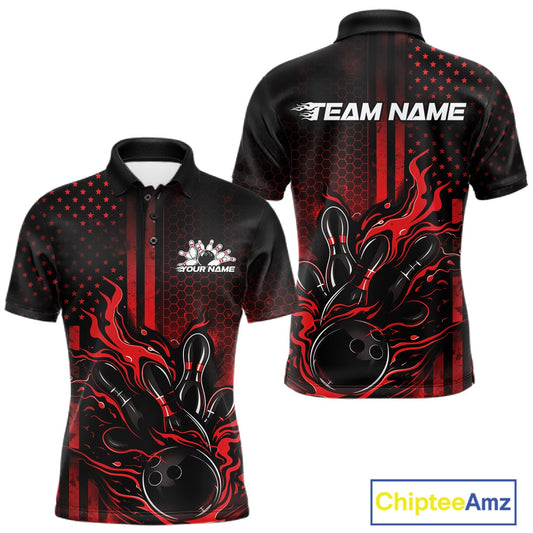 Front and back view of a black and red men’s bowling polo shirt featuring flames around a bowling ball striking pins with patriotic American flag bowling style.