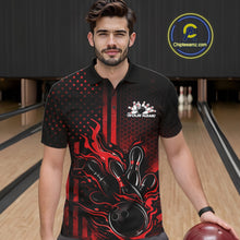 Load image into Gallery viewer, Male model wearing a black and red bowling polo shirt at a bowling lane with fiery bowling action graphics and patriotic styling.
