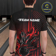Load image into Gallery viewer, Back view of a male model in a bowling center wearing a black and red polo showcasing a flaming bowling ball crashing into pins.