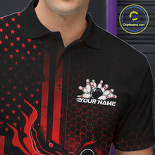 Load image into Gallery viewer, Close-up of a black and red bowling polo shirt left chest featuring patriotic flames and bowling strike artwork.