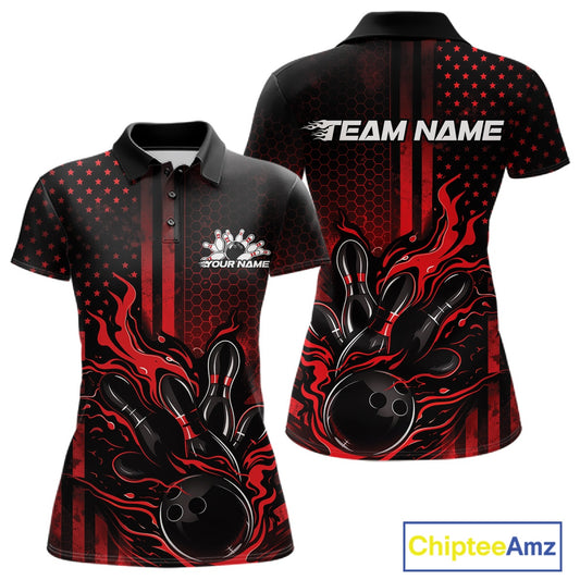 Front and back view of a black and red womens bowling polo shirt showcasing a flaming bowling ball striking pins with patriotic American flag bowling style artwork.
