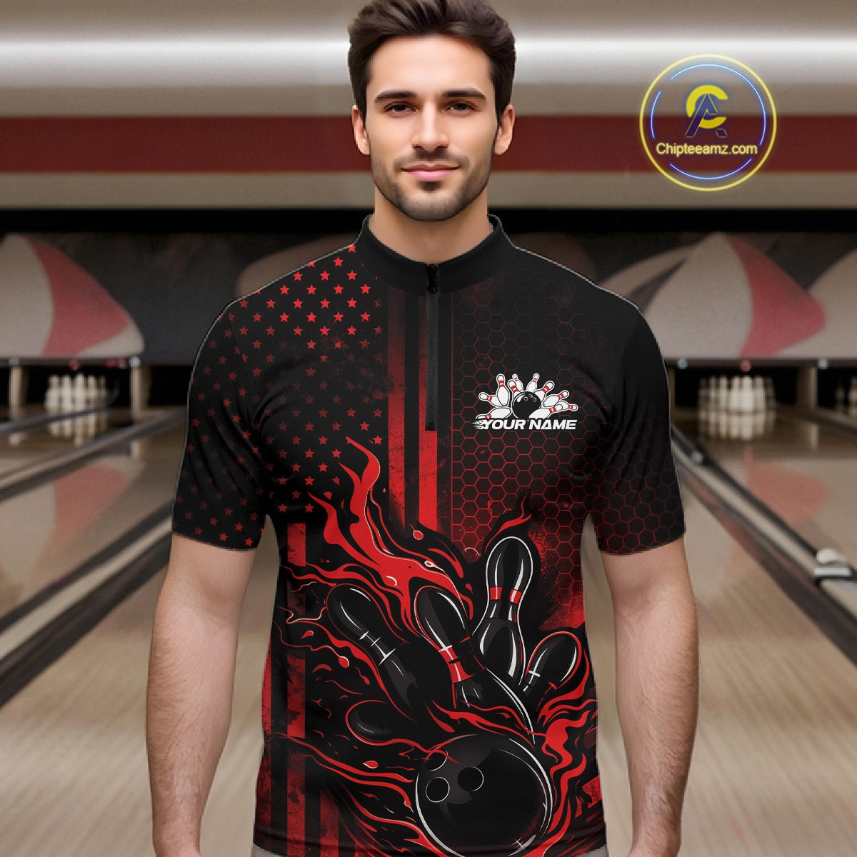 Male model wearing a black and red bowling quarter-zip shirt at a bowling lane with fiery bowling action artwork and patriotic graphics.