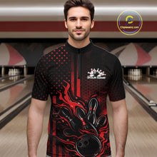 Load image into Gallery viewer, Male model wearing a black and red bowling quarter-zip shirt at a bowling lane with fiery bowling action artwork and patriotic graphics.