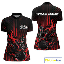 Load image into Gallery viewer, Front and back display of a black and red women’s bowling quarter-zip shirt featuring a flaming bowling ball striking pins with patriotic American flag accents.