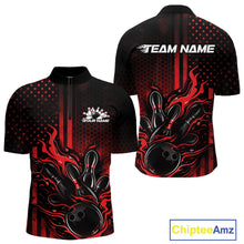 Load image into Gallery viewer, Front and back view of a black and red mens bowling quarter-zip shirt featuring a flaming bowling ball striking pins with patriotic American flag bowling accents.