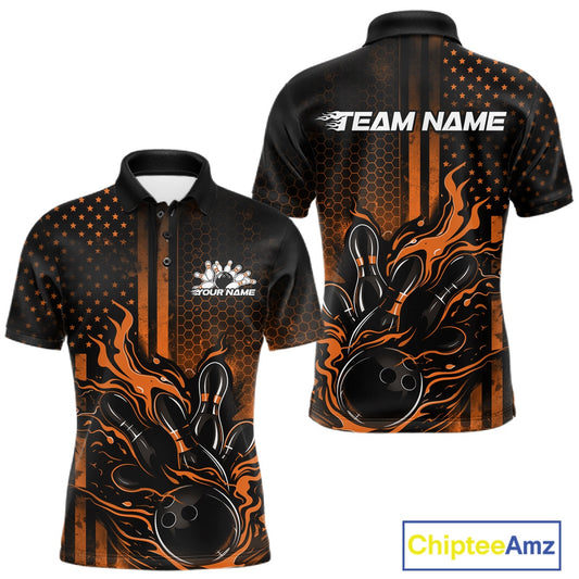 Front and back view of a black and orange men’s bowling polo shirt featuring a flaming bowling ball striking pins with patriotic American flag bowling style.