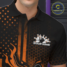 Load image into Gallery viewer, Close-up of a black and orange bowling polo shirt left chest showcasing patriotic flames and bowling strike graphics.