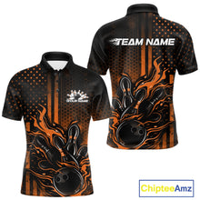 Load image into Gallery viewer, Front and back view of a black and orange men’s bowling polo shirt featuring a flaming bowling ball striking pins with patriotic American flag bowling style.
