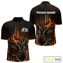 Load image into Gallery viewer, Front and back display of a black and orange mens bowling quarter-zip shirt featuring a flaming bowling ball striking pins with patriotic bowling-inspired artwork.