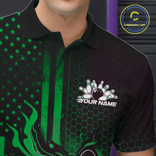Load image into Gallery viewer, Close-up of a black and green bowling polo shirt left chest showing patriotic flames around a bowling strike motif.