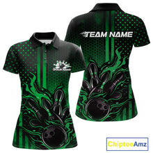 Load image into Gallery viewer, Front and back display of a black and green womens bowling polo shirt featuring a flaming bowling ball knocking down pins with patriotic bowling artwork.