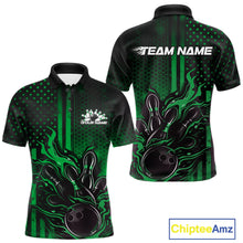 Load image into Gallery viewer, Front and back view of a black and green men’s bowling polo shirt featuring a flaming bowling ball striking pins with patriotic American flag bowling style.