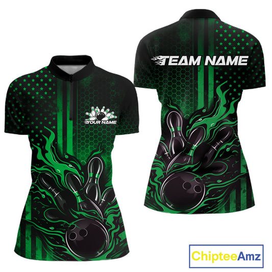 Front and back view of a black and green women’s bowling quarter-zip shirt featuring a flaming bowling ball striking pins with patriotic American flag graphics.
