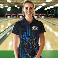 Load image into Gallery viewer, Female model at a bowling lane wearing a black and blue bowling polo shirt with bowling strike graphics, flames, and patriotic elements.