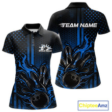 Load image into Gallery viewer, Front and back view of a black and blue womens bowling polo shirt showcasing a flaming bowling ball striking pins with patriotic American flag styling.