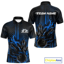 Load image into Gallery viewer, Custom Blue Patrotic Flame Bowling Men Polo Shirt, US Flag Bowling Jersey IPHW11158