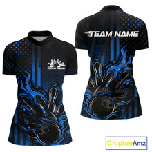 Load image into Gallery viewer, Front and back display of a black and blue women’s bowling quarter-zip shirt featuring a flaming bowling ball striking pins with patriotic American flag accents.