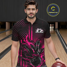 Load image into Gallery viewer, Front and back view of a black and pink men’s bowling polo shirt featuring a flaming bowling ball striking pins with patriotic American flag bowling style artwork.