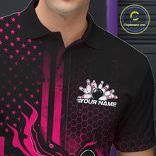 Load image into Gallery viewer, Close-up of a black and pink bowling polo shirt left chest showing patriotic flames around a bowling ball striking pins in a bowling-themed design.