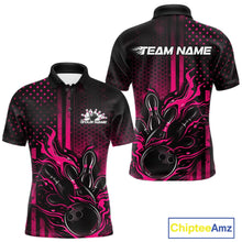Load image into Gallery viewer, Close-up of a black and red bowling polo shirt left chest showing patriotic flames around a bowling strike motif.