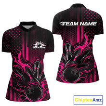 Load image into Gallery viewer, Front and back mockup of a black and pink women’s bowling quarter-zip shirt featuring a flaming bowling ball striking pins with patriotic American flag bowling artwork.