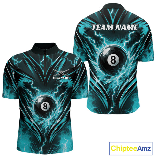 Custom short-sleeve polo shirt with a black and teal lightning-bolt graphic and an 8-ball design, shown from both front and back on a white background. The back has 'TEAM NAME' text and the front has 'YOUR NAME' text.